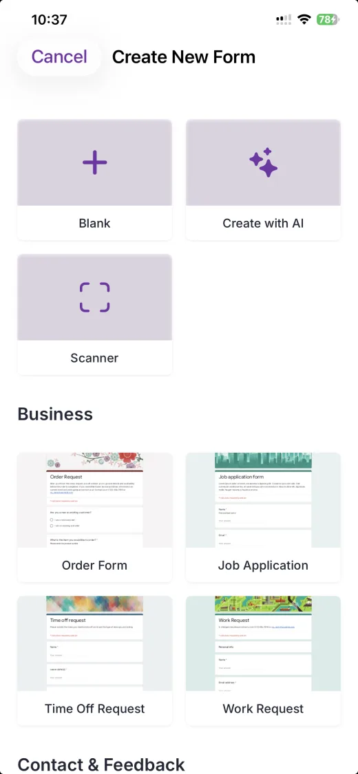 The Create New Form screen, offering Blank, Create with AI and Scanner, above a gallery of business templates