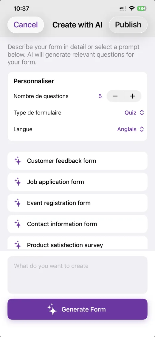 The Create with AI screen, with controls for the number of questions, the form type and the language, above a list of suggested prompts