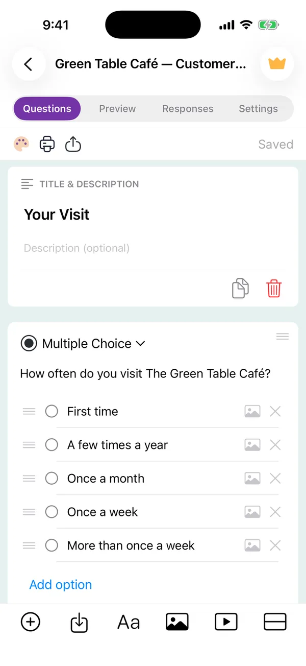 Native form editor with a multiple-choice question card