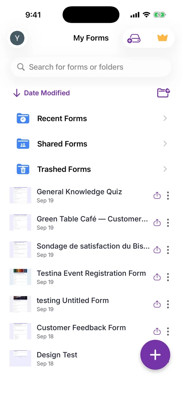 My Forms list with folders and forms