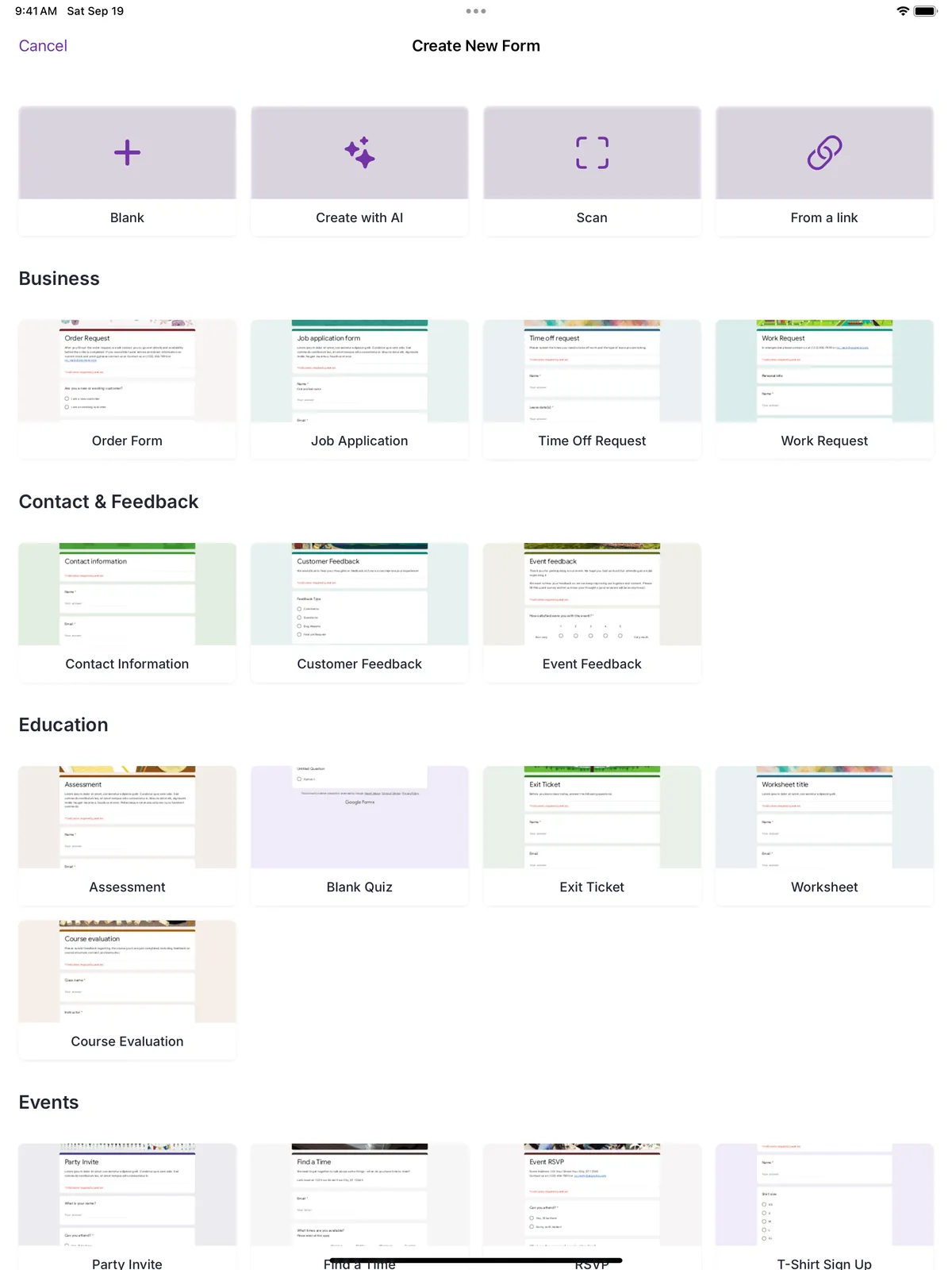 The template grid of the app on an iPad