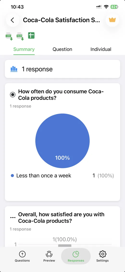 The responses screen showing a pie chart, with CSV, Excel and Google Sheets export buttons at the top