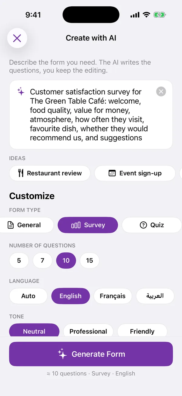 The Create with AI screen with a prompt typed in the box, and chips for form type, number of questions, language and tone