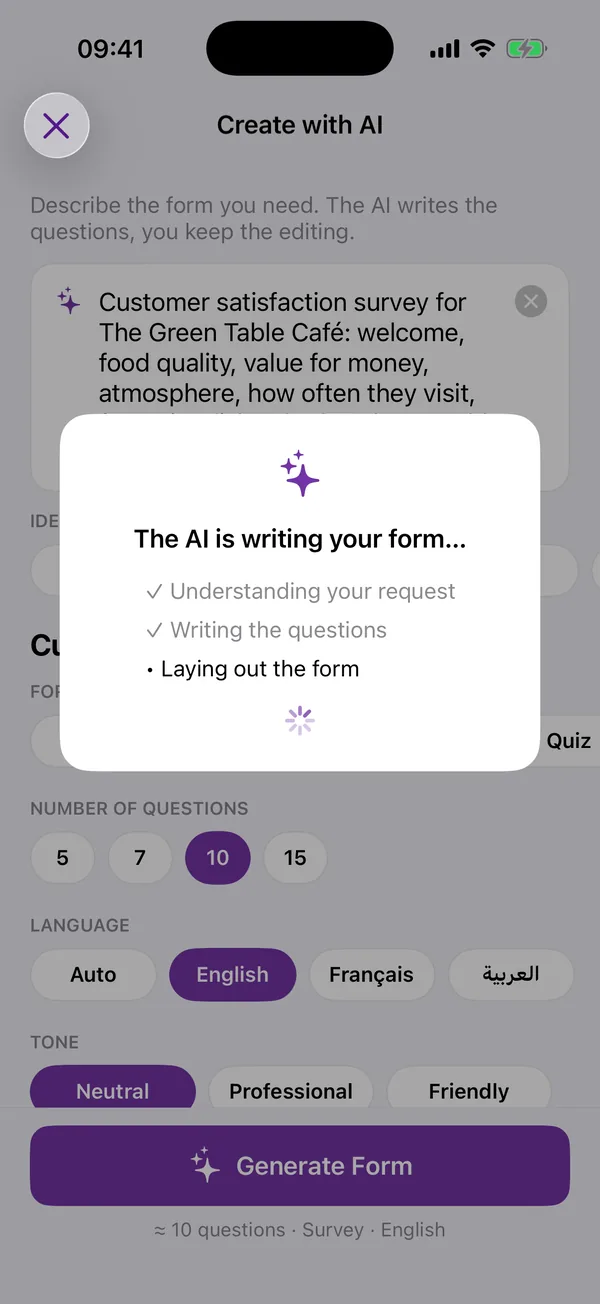 The AI is writing your form: a progress sheet with three steps, understanding your request, writing the questions and laying out the form