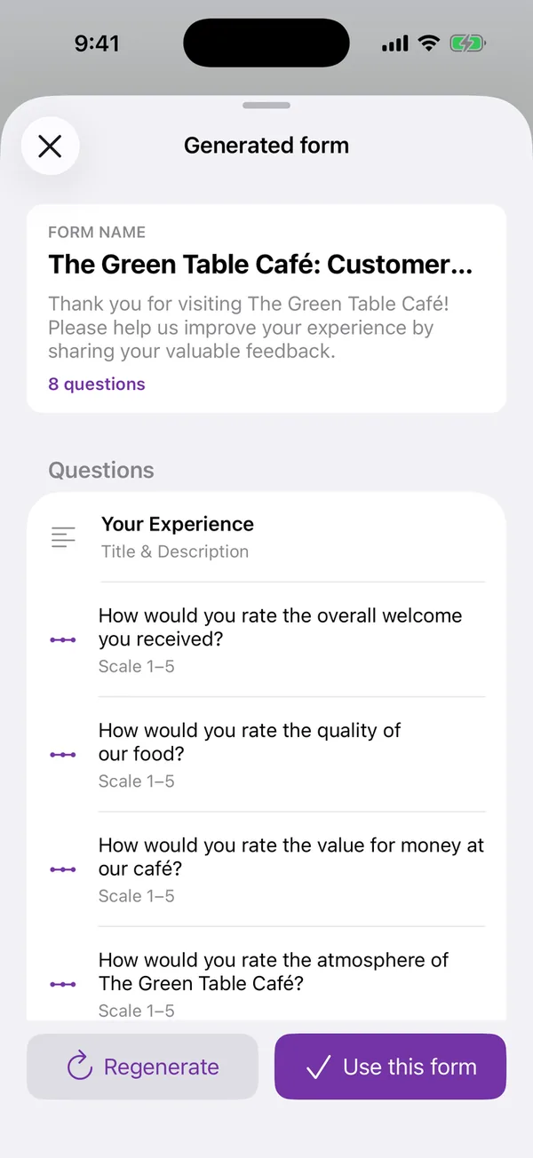 The Generated form preview listing the form name, its description, “8 questions” and the first questions with their types, with Regenerate and Use this form buttons at the bottom