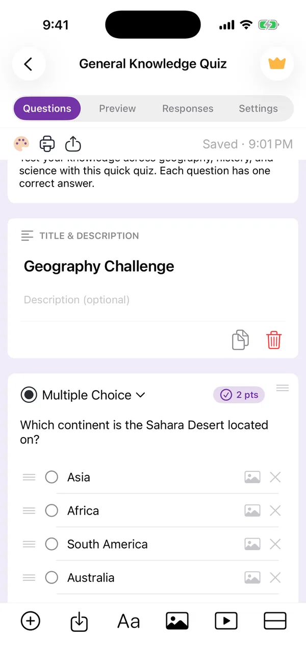 The form editor with the Questions tab selected, a Title & Description card and a Multiple Choice question card with its options