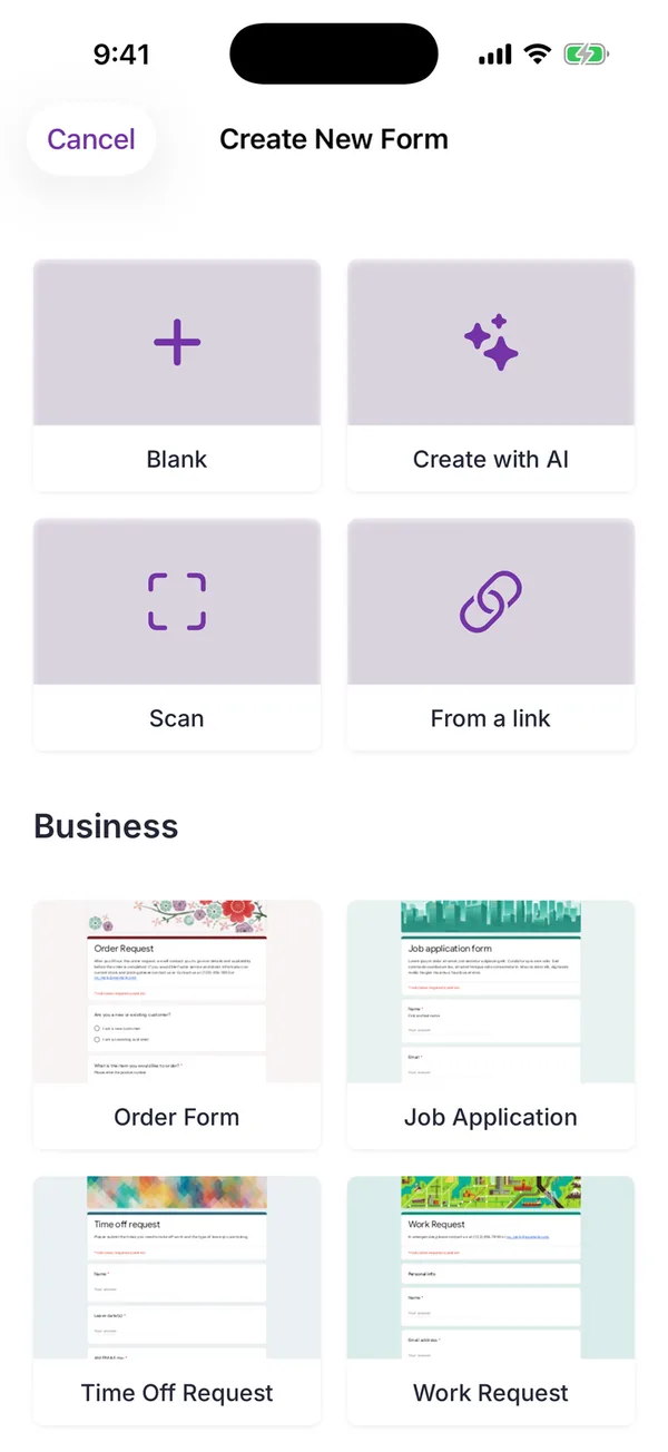 The New Form screen of the app with Blank, Create with AI, Scan and From a link tiles above a grid of templates