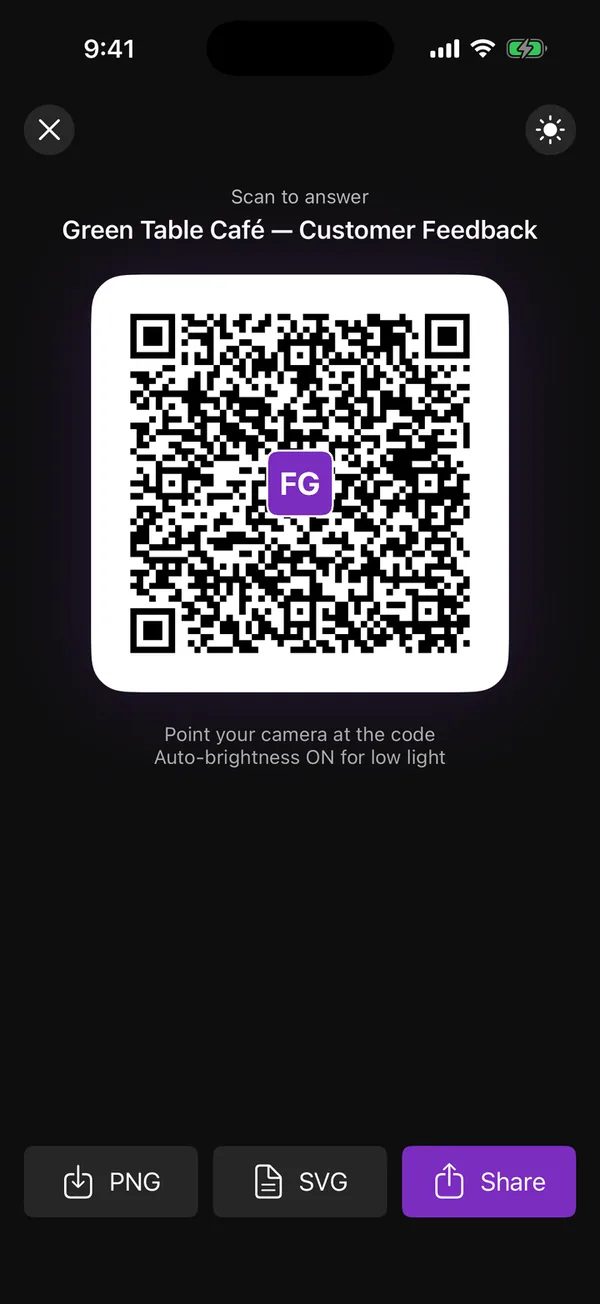 The fullscreen QR code in the app with PNG, SVG and Share buttons