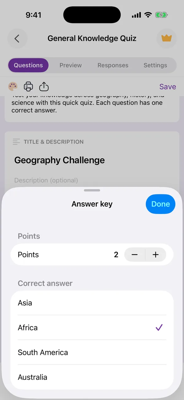 The Answer key sheet for a question, with a points field set to 2 and one option ticked as the correct answer