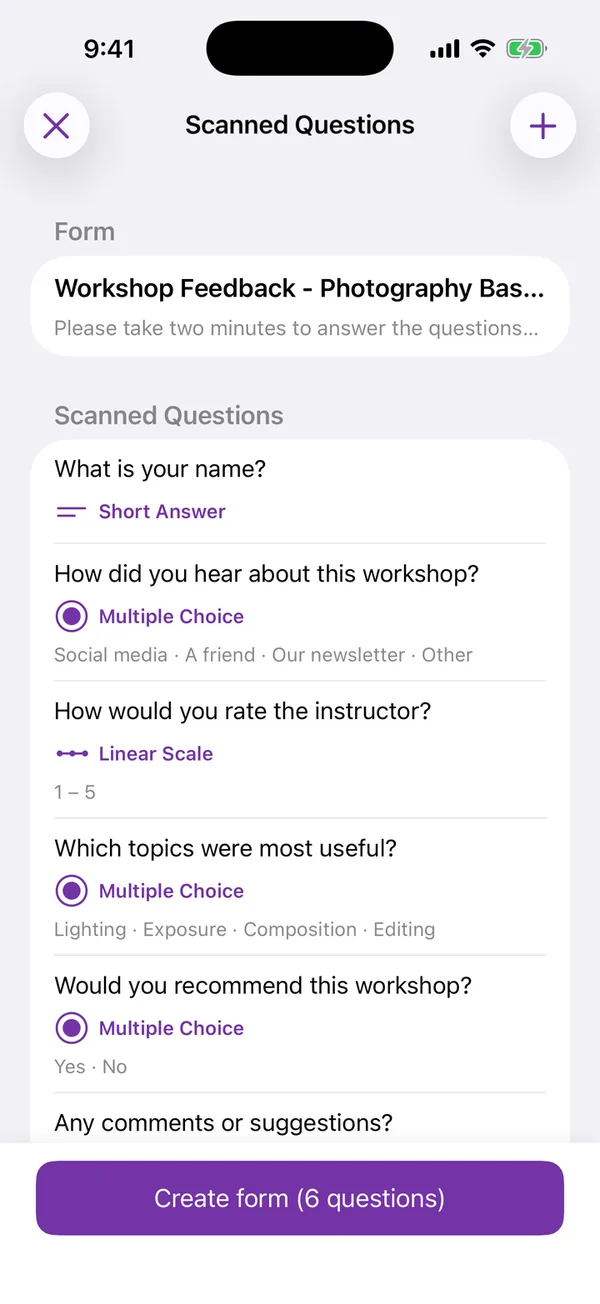 Scanned questions screen listing the detected questions and their types