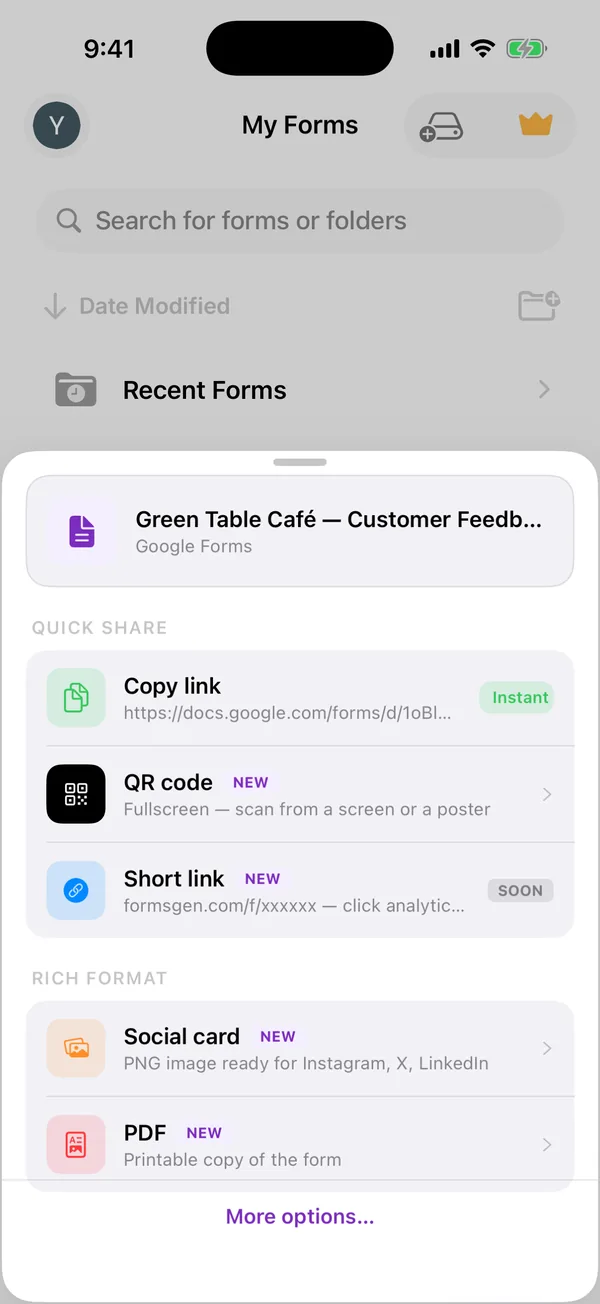 The My Forms list with the share sheet open over it, showing Copy link, QR code, Short link, Social card and PDF