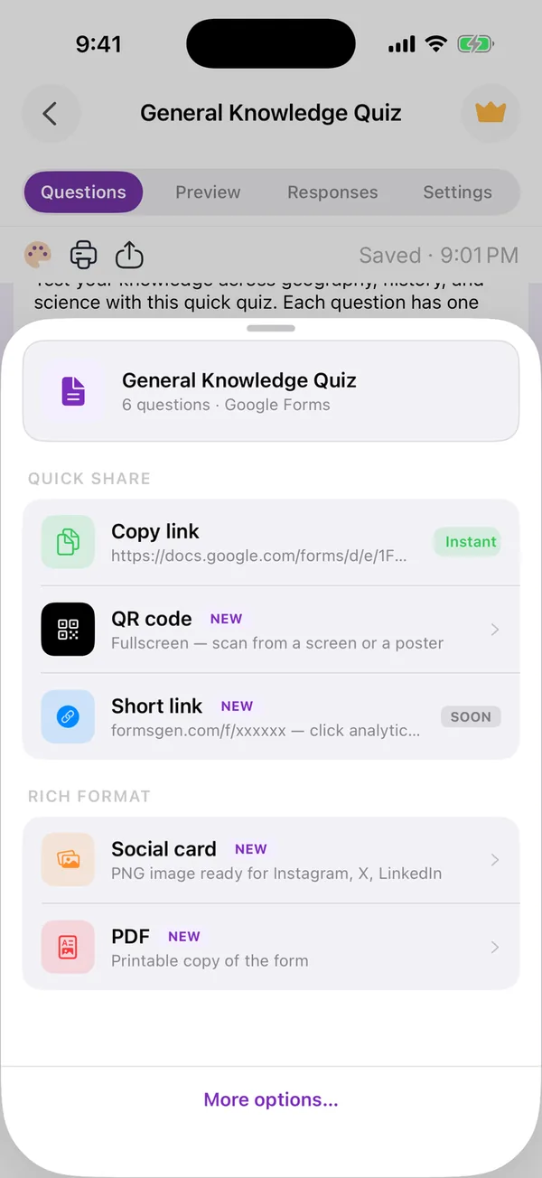 The app’s share sheet with Copy link, QR code, Social card and PDF