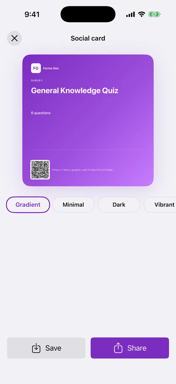 The Social card screen showing a purple card with the form name and a small QR code, with Gradient, Minimal, Dark and Vibrant style options and Save and Share buttons