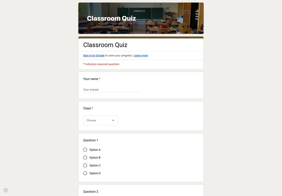 The Classroom Quiz template as a real Google Form, opened in a desktop browser