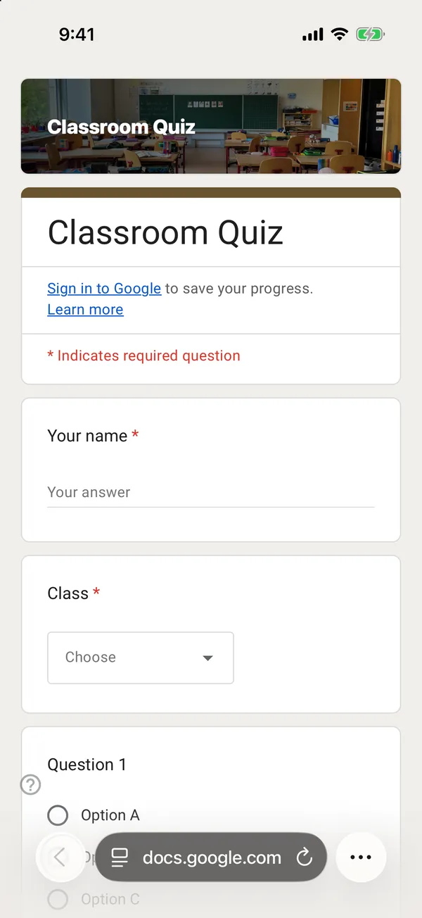 The Classroom Quiz template as a Google Form on an iPhone
