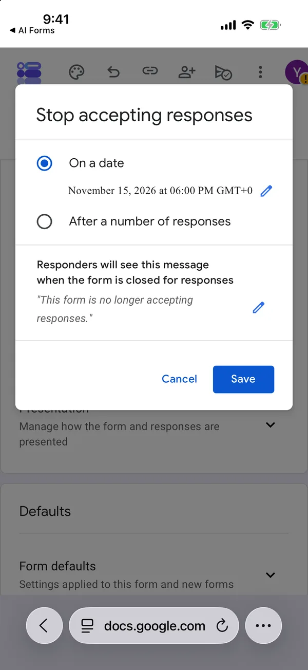 The Stop accepting responses box in Safari with On a date selected, set to November 15, 2026 at 06:00 PM GMT+0
