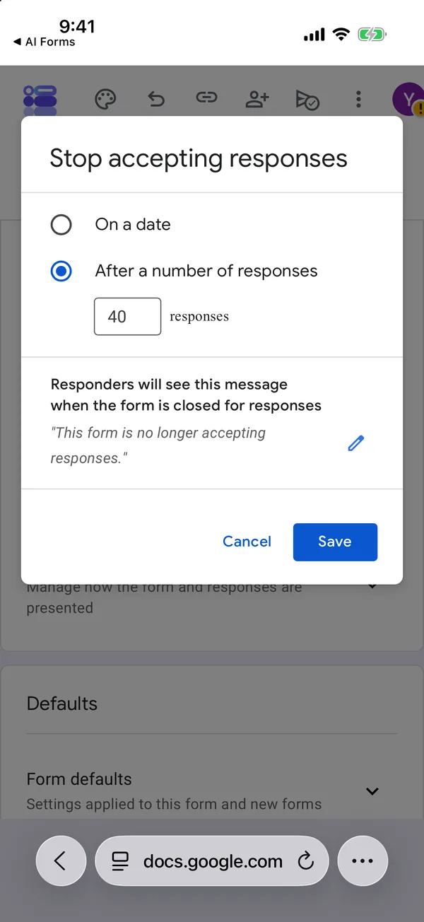 The same box with After a number of responses selected and 40 typed in the field