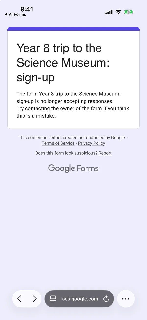 A closed Google Form opened in Safari on an iPhone, showing the form title and the message that it is no longer accepting responses