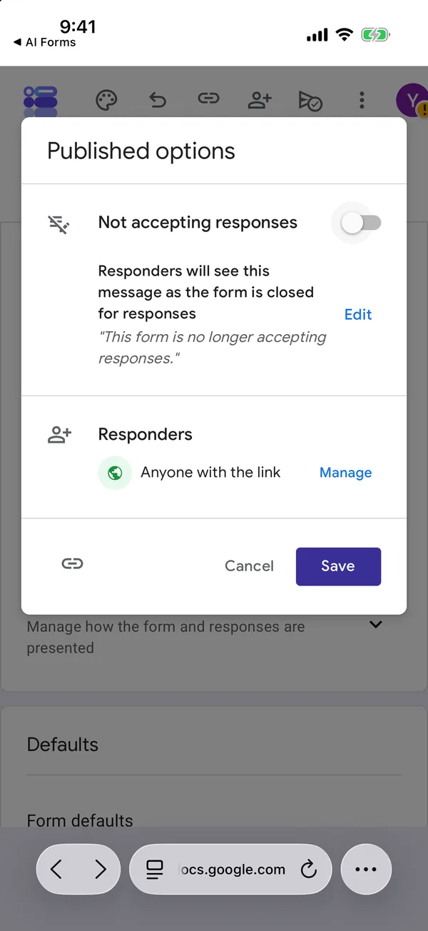 The same dialog with the toggle switched off, now labelled Not accepting responses, with the message respondents will see and an Edit link