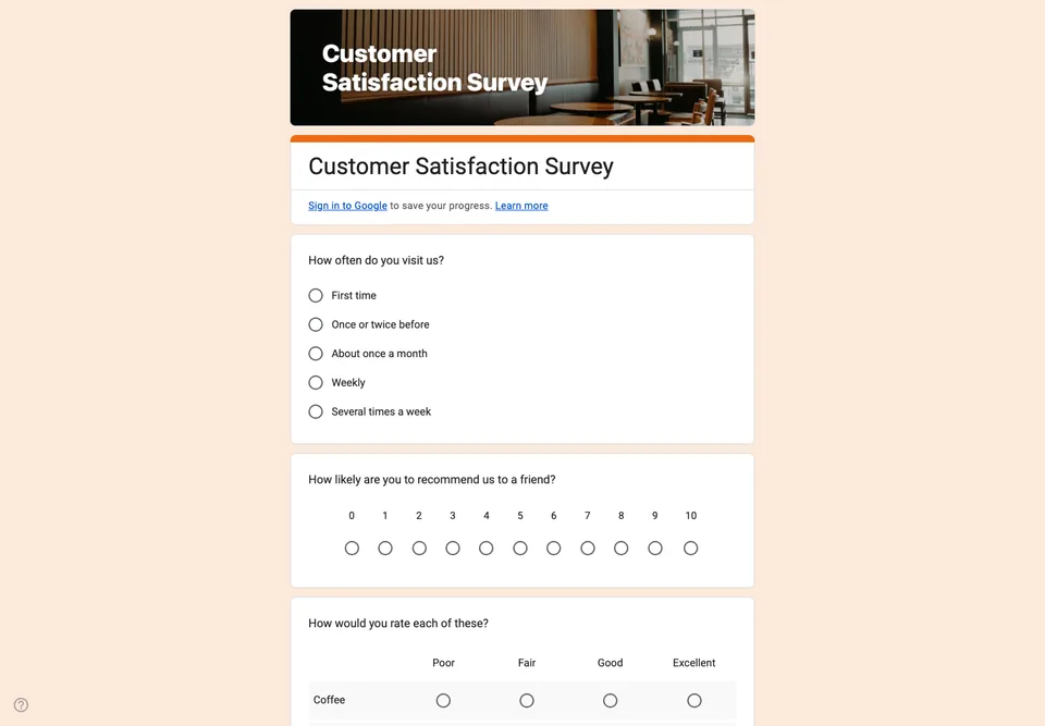 The Customer Satisfaction Survey template as a real Google Form, opened in a desktop browser