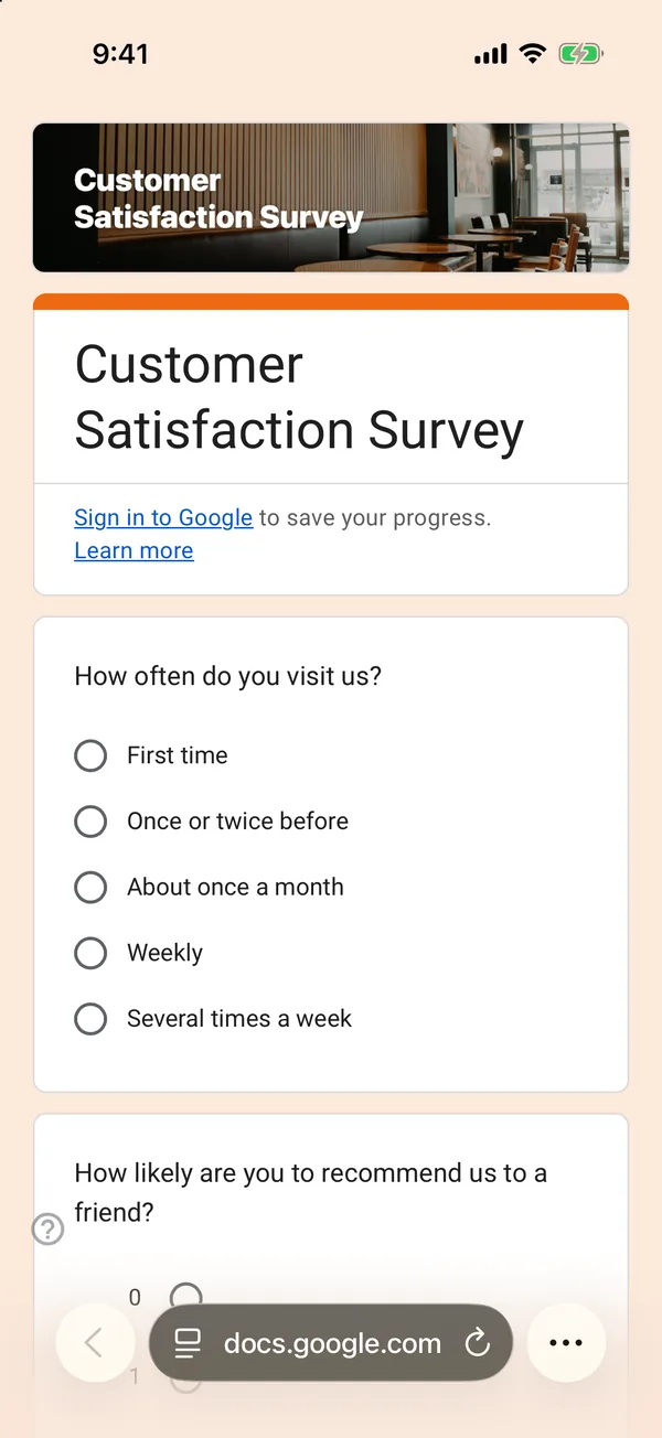 The Customer Satisfaction Survey template as a Google Form on an iPhone