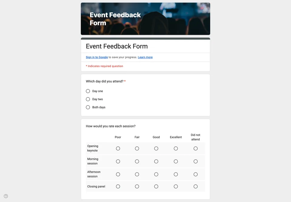 The Event Feedback Form template as a real Google Form, opened in a desktop browser