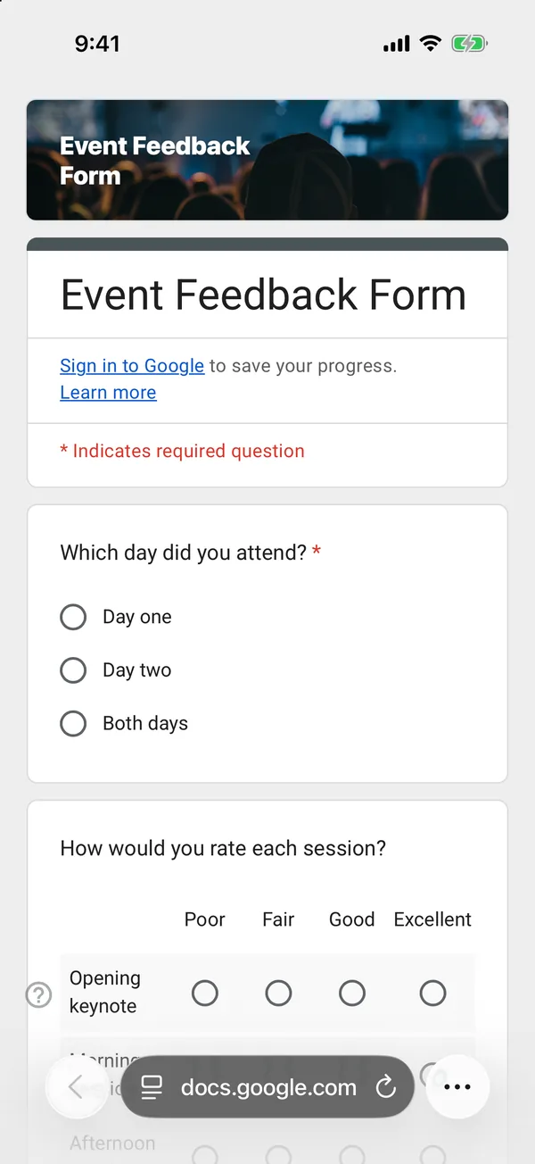 The Event Feedback Form template as a Google Form on an iPhone