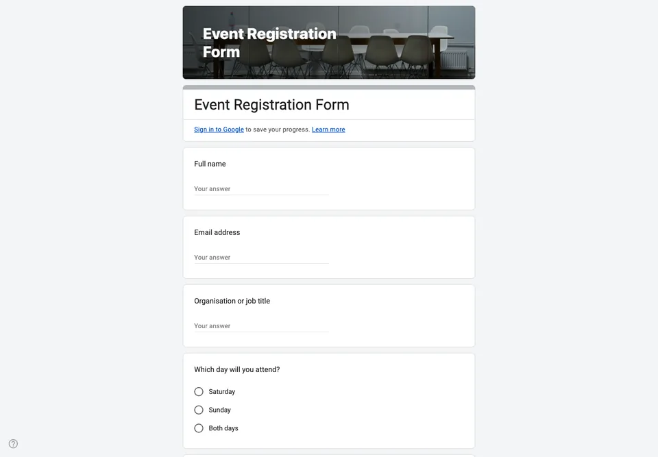 The Event Registration Form template as a real Google Form, opened in a desktop browser