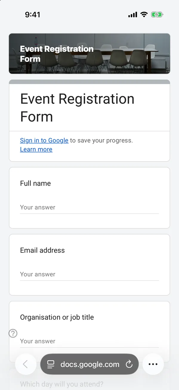 The Event Registration Form template as a Google Form on an iPhone