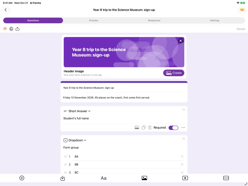 The app’s form editor on an iPad Air in landscape, with Questions, Preview, Responses and Settings tabs, a purple header banner with a Create button, and a Short Answer and a Dropdown question card in a centred column