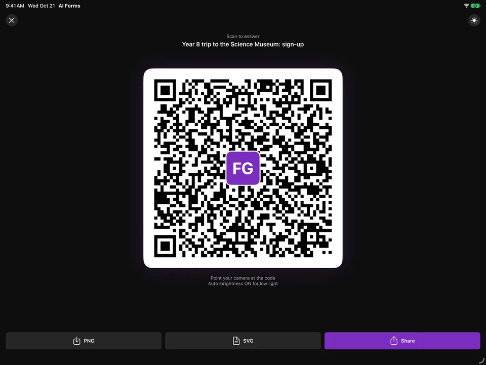 The app’s full-screen QR code on an iPad, with Scan to answer and the form title above it, and PNG, SVG and Share buttons along the bottom