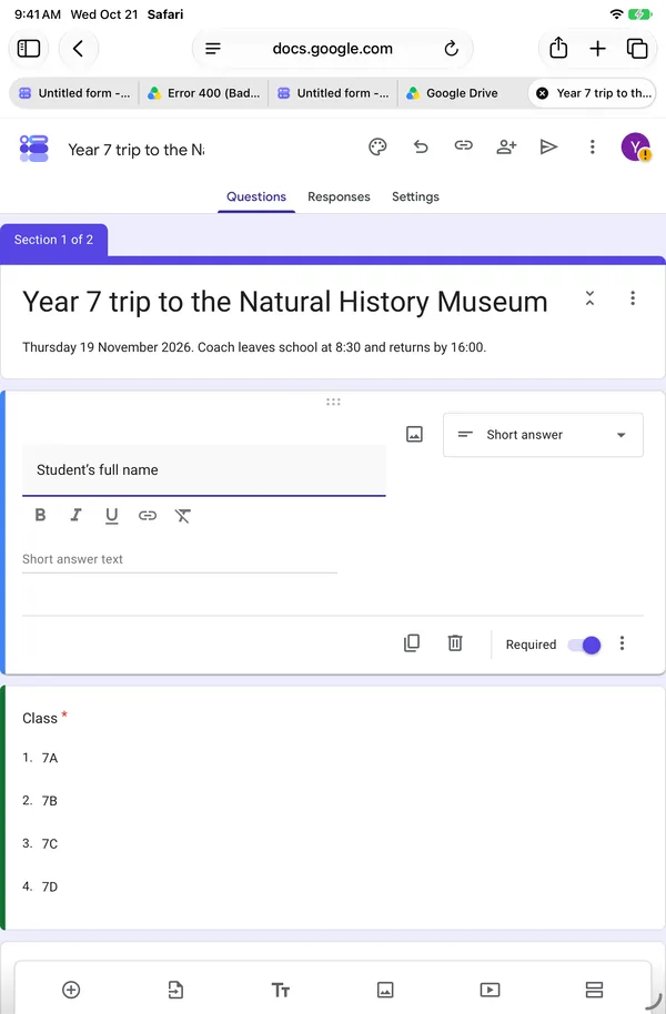 The Google Forms editor in Safari on an iPad mini in portrait, with Section 1 of 2, a selected Short answer question and the six-icon toolbar along the bottom