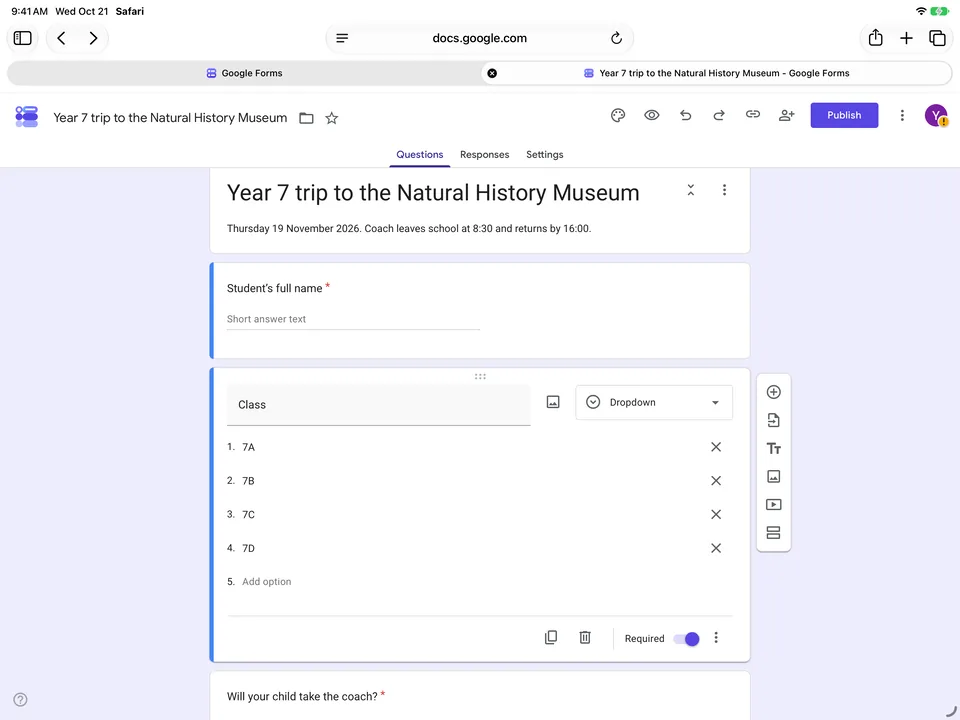 The Google Forms editor in Safari on an iPad Air in landscape, with a Dropdown question for the class selected and the floating toolbar to the right of the question
