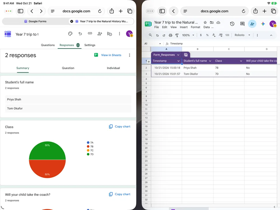 Two Safari windows side by side on an iPad Air: on the left the Google Forms Responses tab showing 2 responses with a pie chart for Class, on the right the linked Google Sheet with two rows of answers