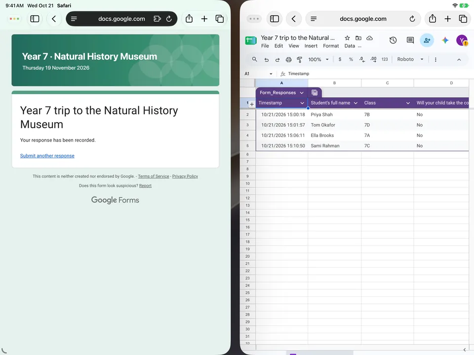 An iPad Air with the Google Form confirmation page in a private Safari window on the left, showing Your response has been recorded and Submit another response, and the linked sheet on the right with four rows