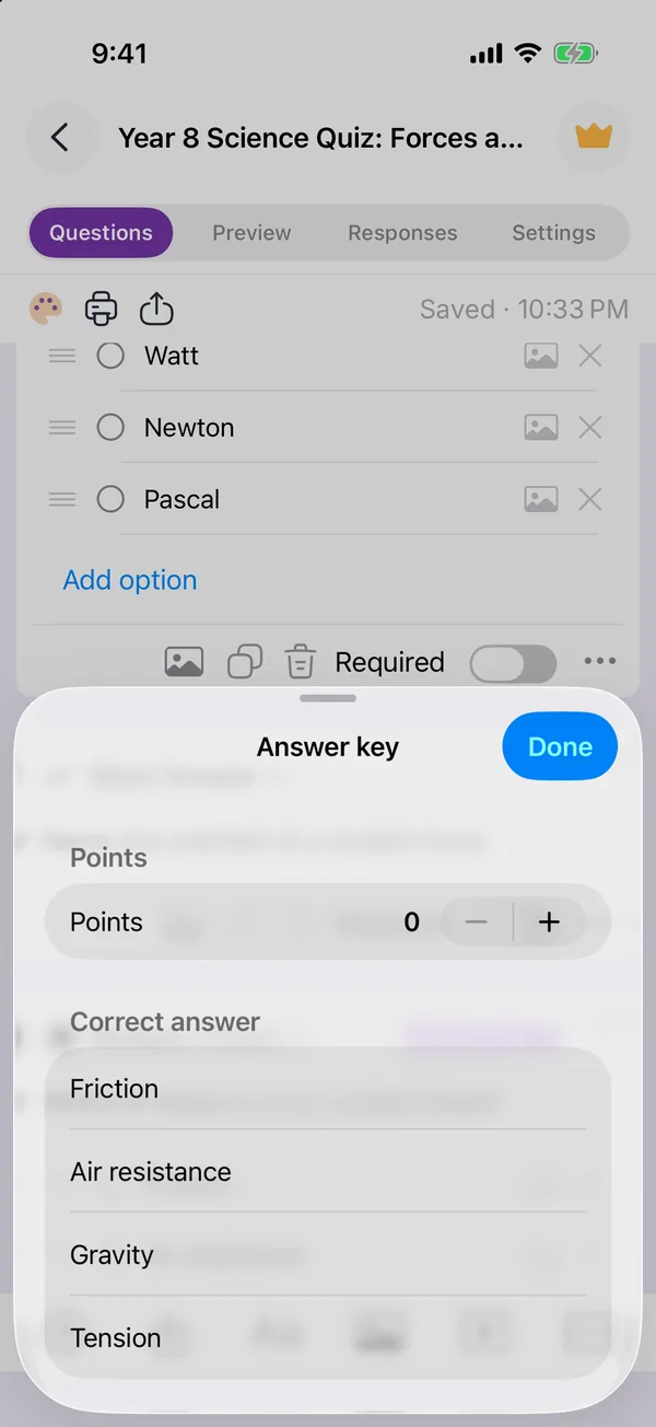 The Answer key sheet in the app for a multiple choice question, with a Points counter at 0 and the options Friction, Air resistance, Gravity and Tension to tick