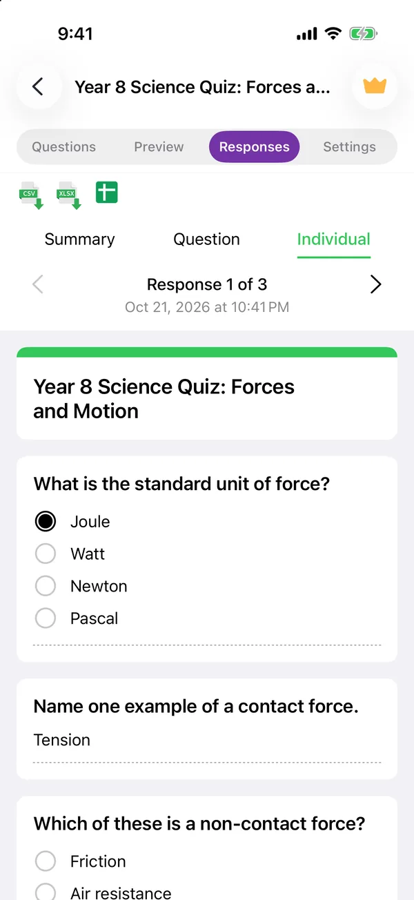 The app’s Responses tab in Individual view, showing one response with the answers but no score