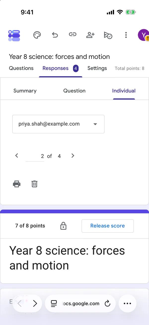 The Individual view in Safari showing one student’s quiz with 7 of 8 points, a lock icon and a Release score button