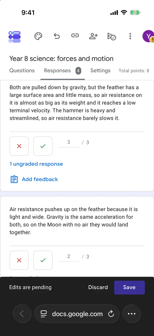 The Question view of the paragraph question in Safari, with two written answers marked 3 out of 3 and 2 out of 3, and a black bar at the bottom reading Edits are pending, Discard, Save