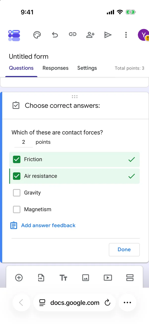 The answer key of a checkbox question in Safari on an iPhone, with Friction and Air resistance ticked as correct and the question worth 2 points