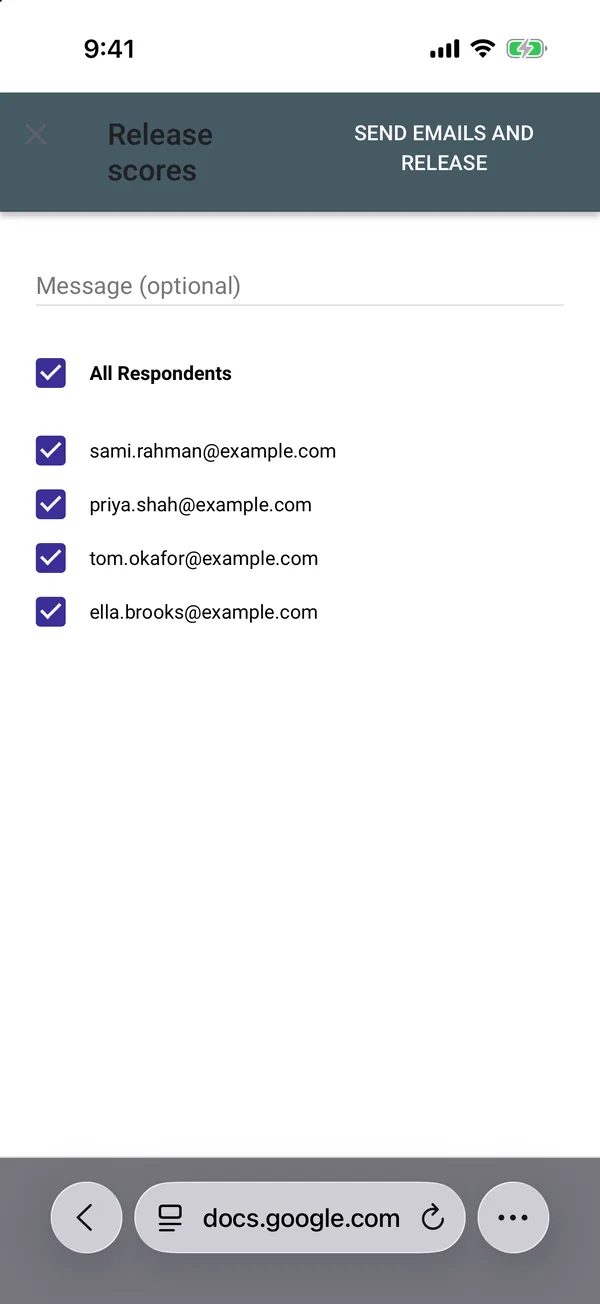 The Release scores screen in Safari with an optional message field, All Respondents ticked and four example.com addresses ticked, and a SEND EMAILS AND RELEASE button