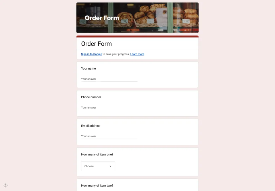 The Order Form template as a real Google Form, opened in a desktop browser