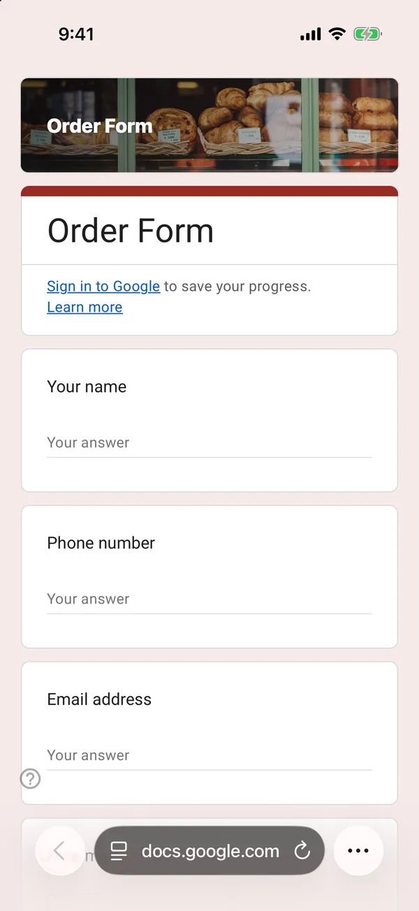 The Order Form template as a Google Form on an iPhone
