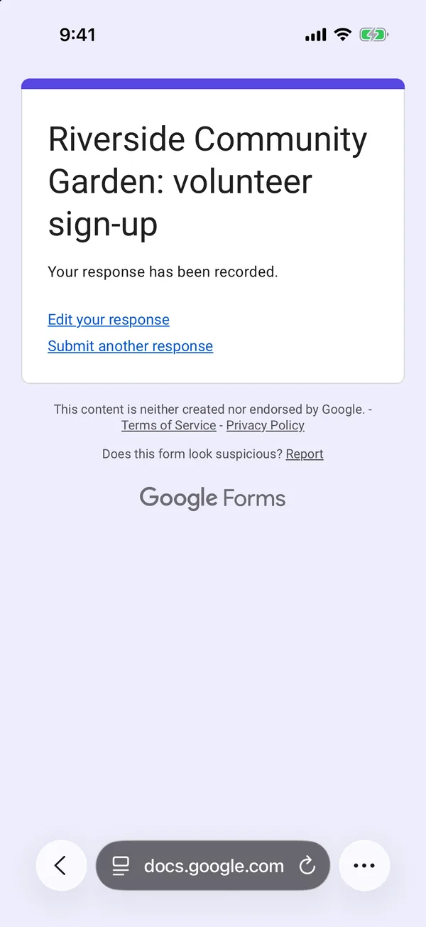 The Google Forms confirmation page on an iPhone with Your response has been recorded, an Edit your response link and a Submit another response link