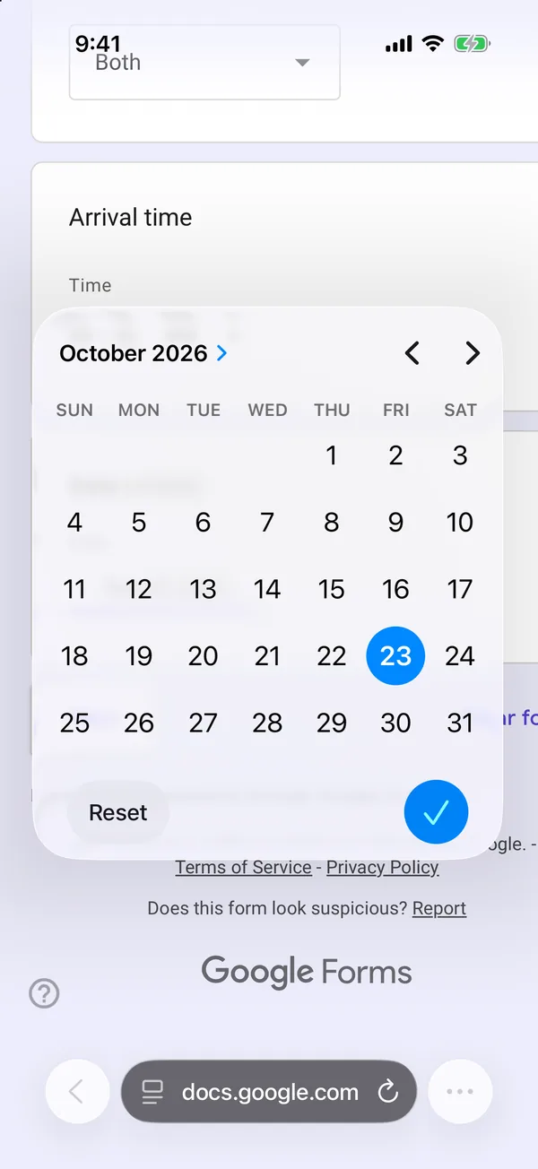 The iOS date picker calendar opened from a Date of birth question in a Google Form