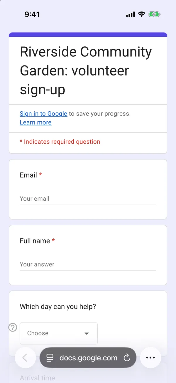 The top of a Google Form in Safari on an iPhone without a Google account, with the line Sign in to Google to save your progress