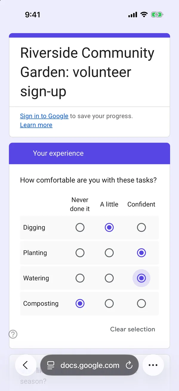 A multiple choice grid on an iPhone, with the rows Digging, Planting, Watering and Composting and the columns Never done it, A little and Confident, filled in