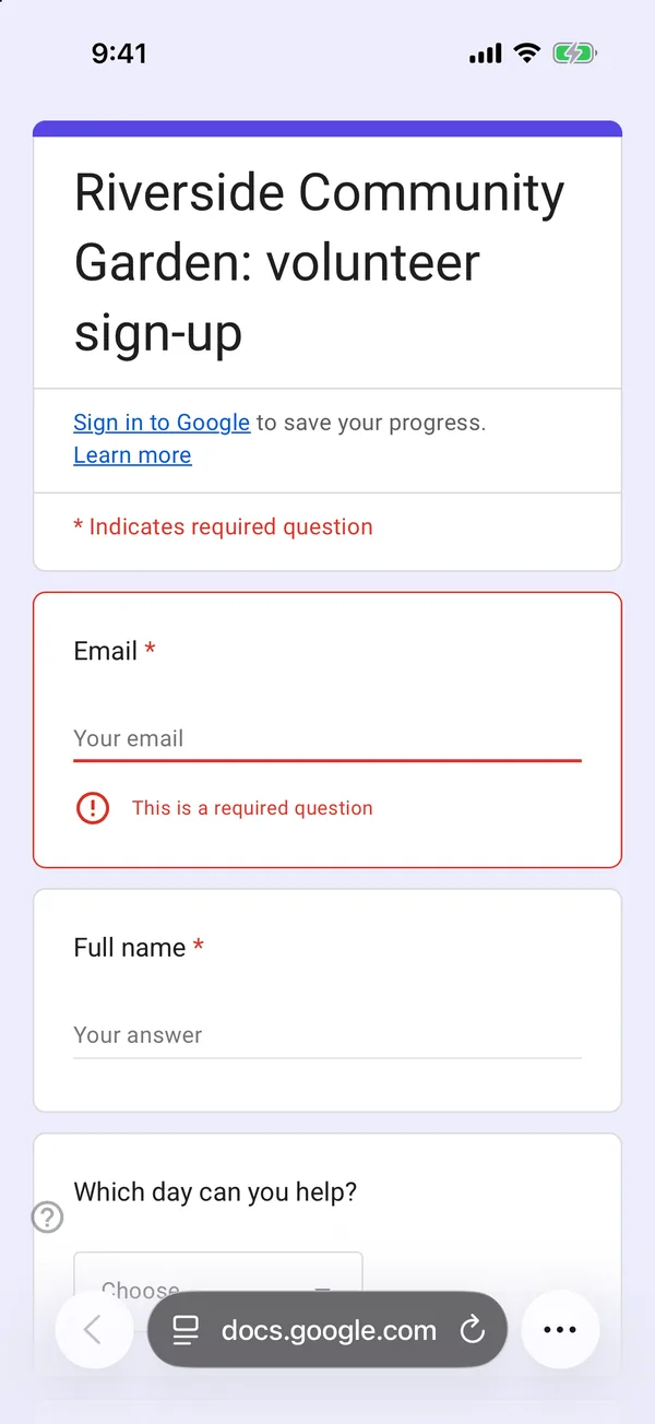 A Google Form question framed in red with the message This is a required question, on an iPhone