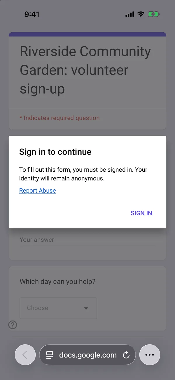 A Google Form greyed out in Safari on an iPhone behind a Sign in to continue box explaining that you must be signed in to fill out the form