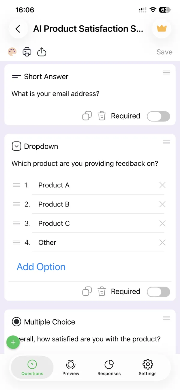 The app’s form editor showing the generated questions: an email field, a dropdown of products and a satisfaction multiple choice